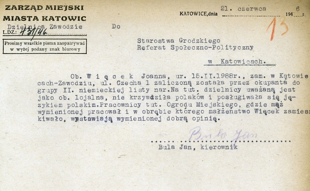 Opinia na temat Joanny Więcek, czerwiec 1946 r., IPN Ka 116/6870