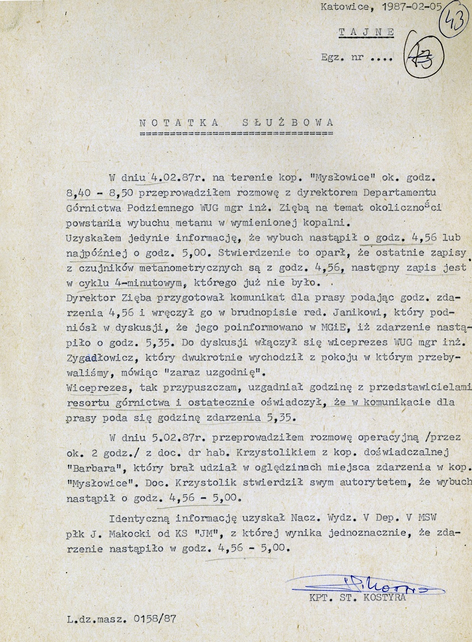 Notatka w sprawie ustalenia godziny katastrofy na KWK „Mysłowice” w dniu 4 lutego 1987 r. (IPN Ka 048/704, t. 1)