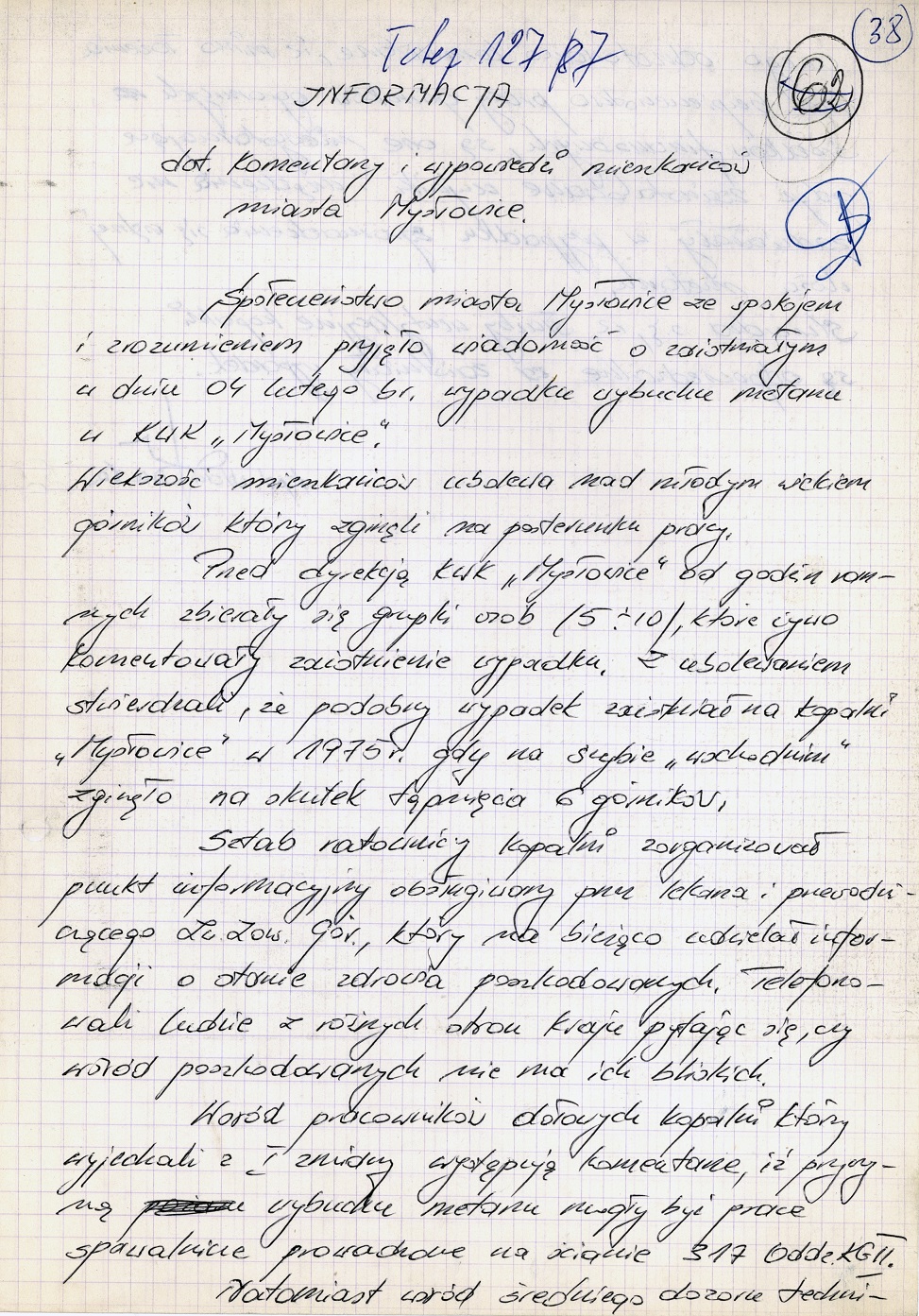 Informacja na temat komentarzy mieszkańców Mysłowic w sprawie katastrofy (IPN Ka 048/704, t. 1)