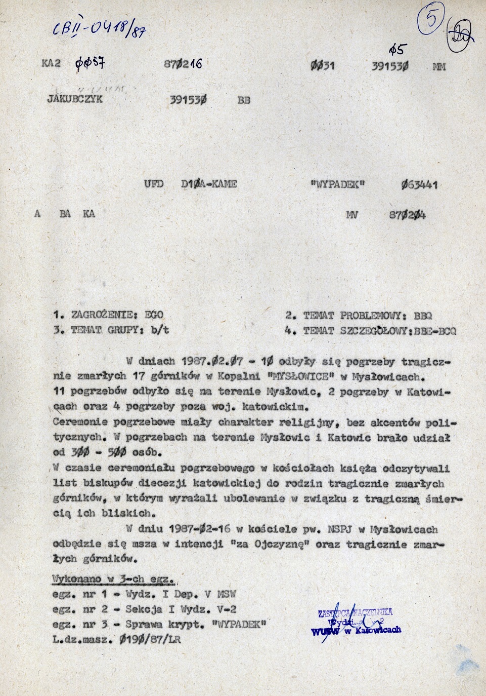Meldunek operacyjny dot. przebiegu pogrzebów zmarłych górników (IPN Ka 048/704, t. 1)