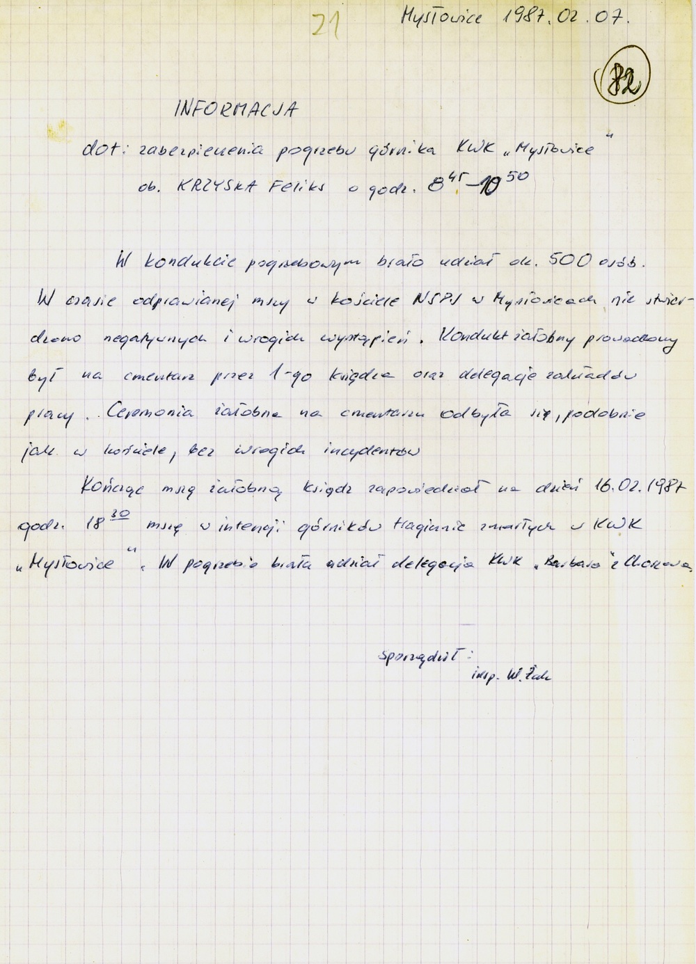 Meldunek operacyjny dot. przebiegu pogrzebu Feliksa Krzyski (IPN Ka 048/704, t. 2)