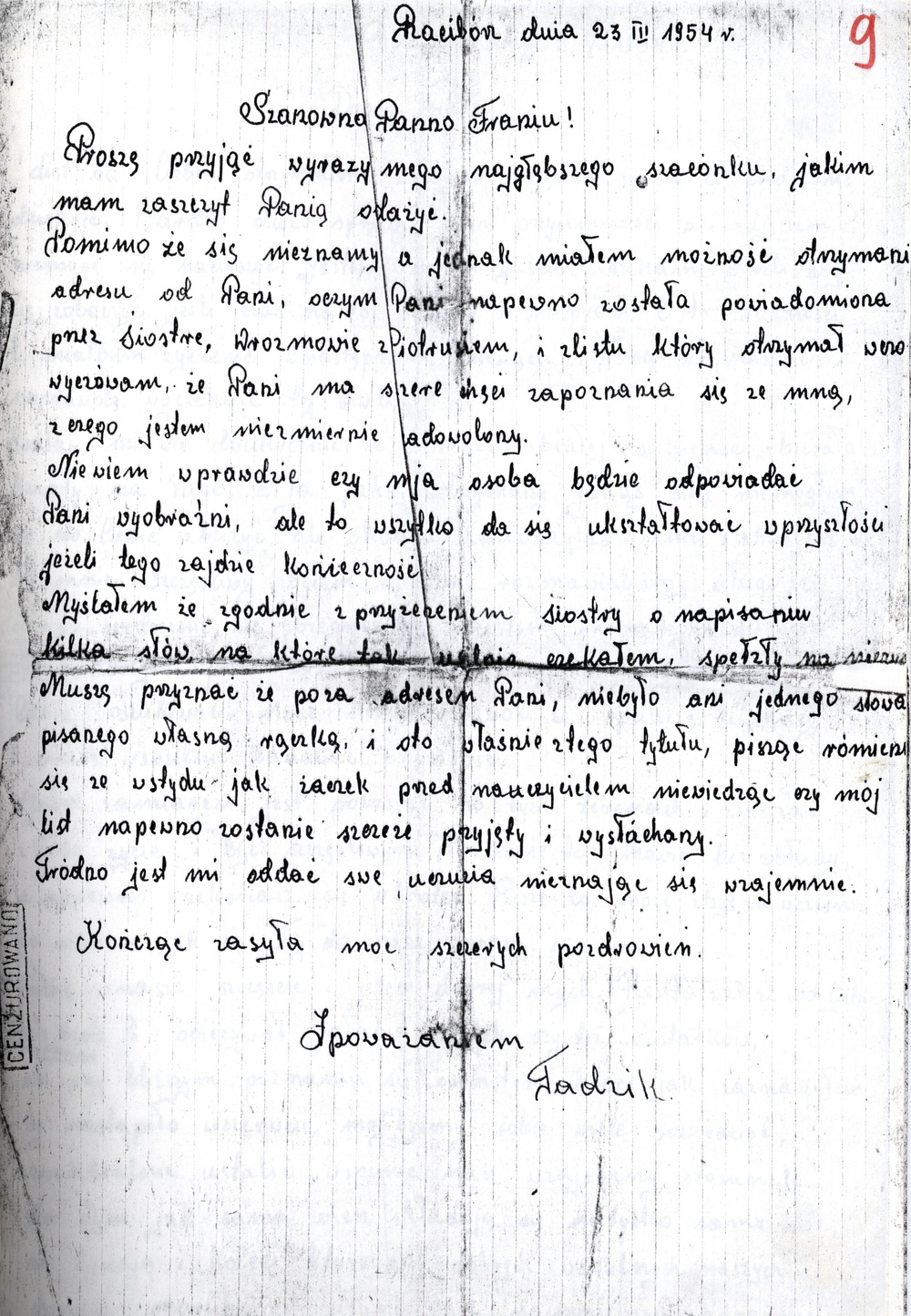 Pierwszy list Tadeusza Szocińskiego do Franciszki Matuszczyk, marzec 1954 r. (IPN Ka 935/517)