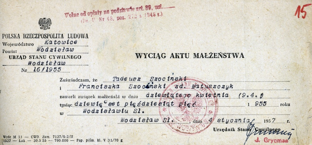 Akt małżeństwa Tadeusza i Franciszki Szocińskich (IPN Ka 935/517)