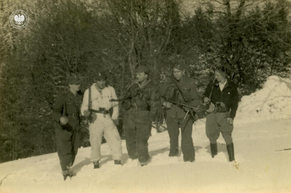Partyzanci z oddziału „Srebrnego” na polanie w Gorcach. Od lewej stoją: Zbigniew Zarębski „Kanciarz”, Edward Skórnóg „Szatan”, Tadeusz Dymel „Srebrny”, Stanisław Samborski „Orlik”, Henryk Machała „Gryf”, „Jaxa”, 1948 r. (IPN Kr 110/3153, t. 5)