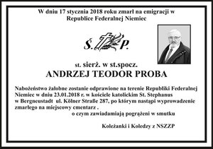 Odszedł Andrzej Teodor Proba jeden z założycieli Związku Zawodowego Funkcjonariuszy Milicji Obywatelskiej