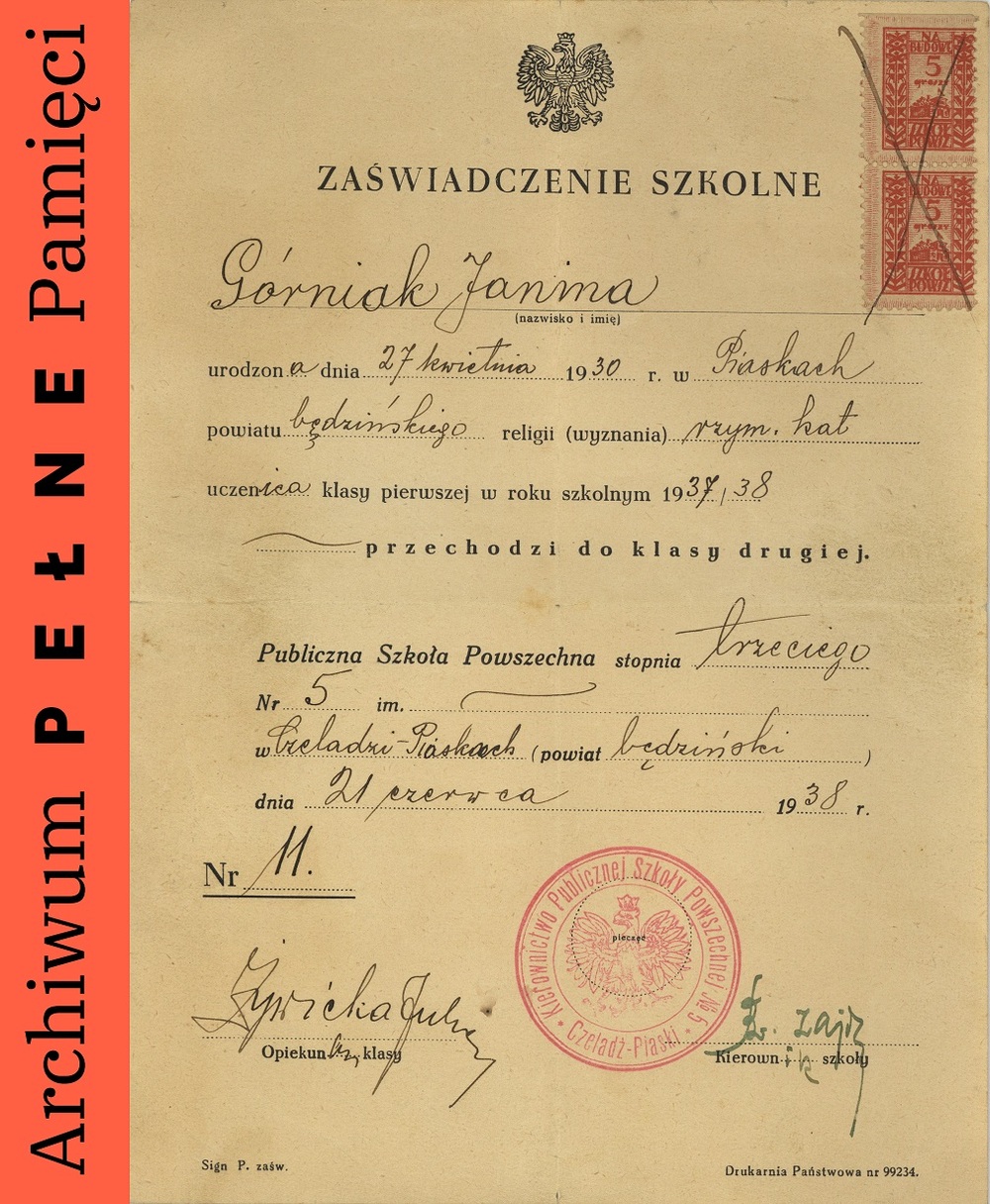 Zaświadczenie szkolne Janiny Syski, 21 VI 1938 r., sygn. IPN Ka 454/205, t.1