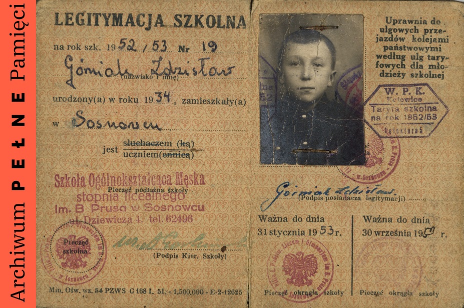 Legitymacja szkolna Zdzisława Górniaka na rok szkolny 1952/53, sygn. IPN Ka 454/205, t.5