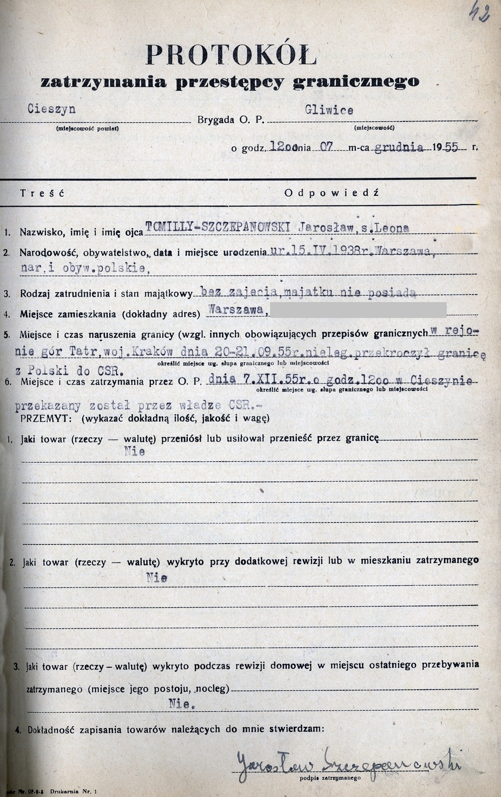 Protokół zatrzymania Jarosława Tomilly-Szczepanowskiego, a właściwie przekazania go stronie polskiej przez Czechosłowaków, 7 grudnia 1955 r. (IPN Ka 913/101)