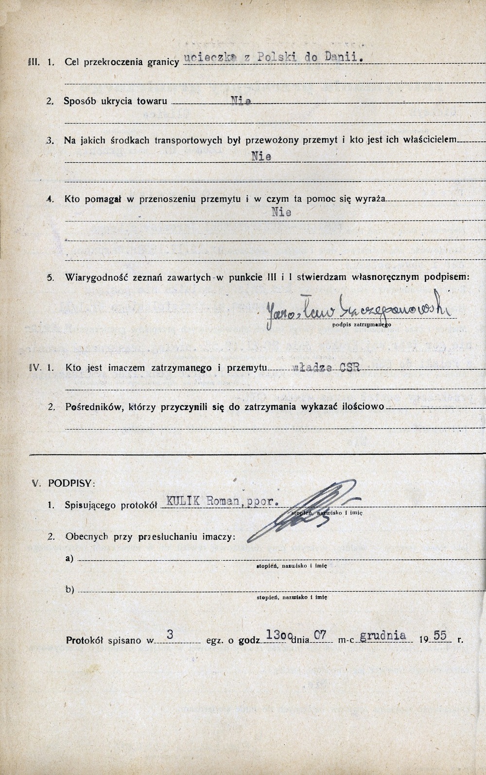 Protokół zatrzymania Jarosława Tomilly-Szczepanowskiego, a właściwie przekazania go stronie polskiej przez Czechosłowaków, 7 grudnia 1955 r. (IPN Ka 913/101)