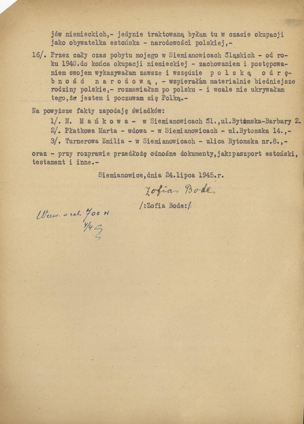 Życiorys Zofii Bode z jej akt rehabilitacyjnych, lipiec 1945 r. (IPN Ka 116/1650)