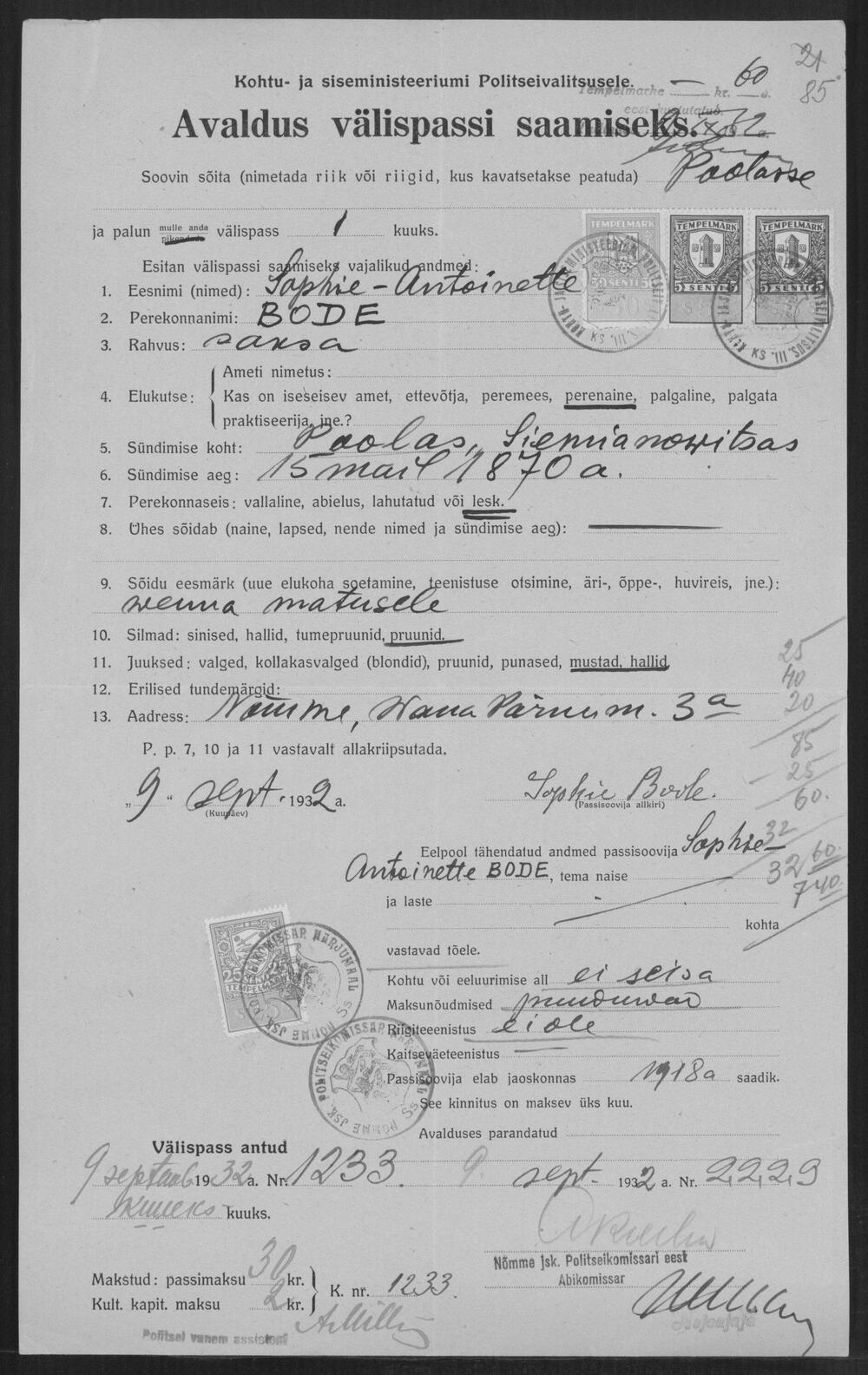 Estoński wniosek paszportowy Zofii Bode, 1932 r. (ERA.1.2.475)