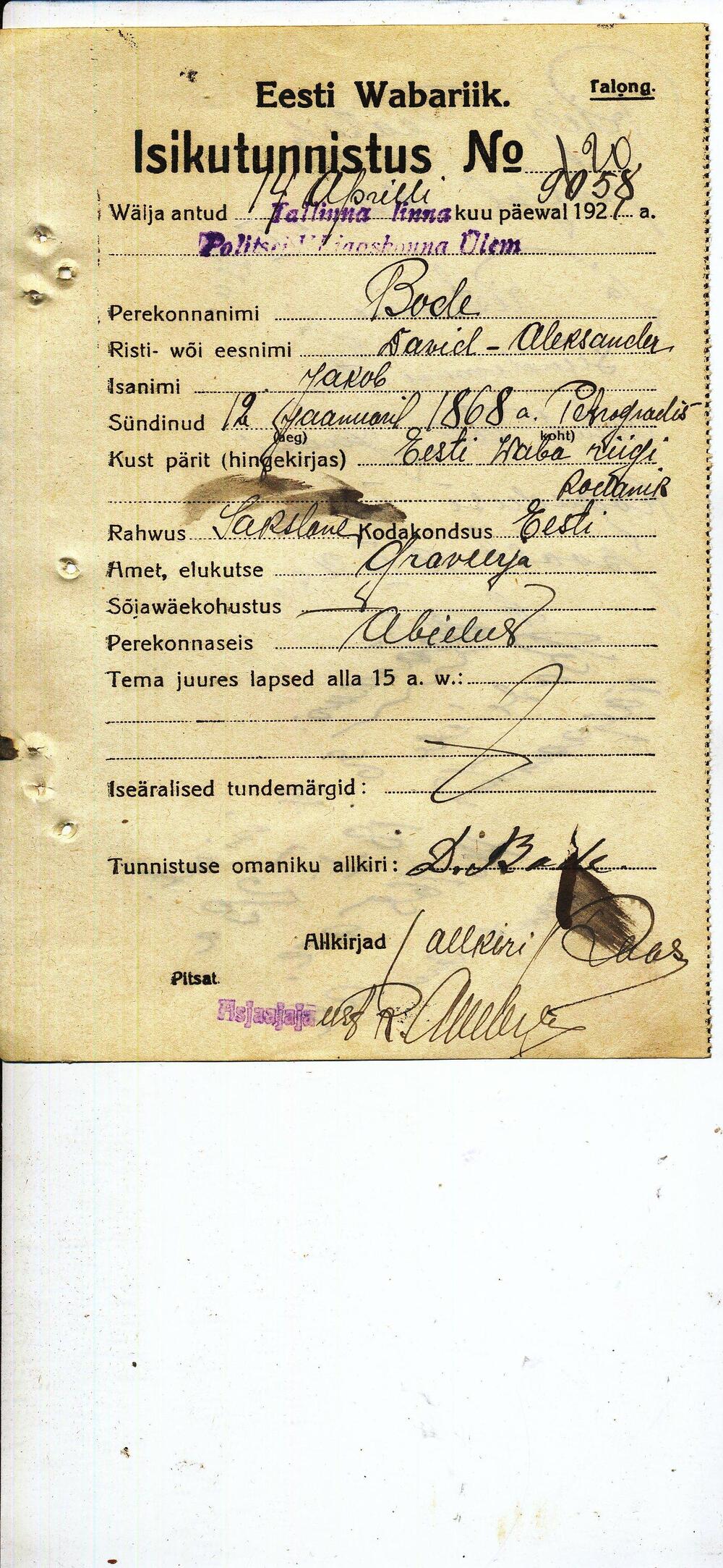 Dowód osobisty Davida-Alexandra Bode, 1921 r. (TLA.186.1.448)