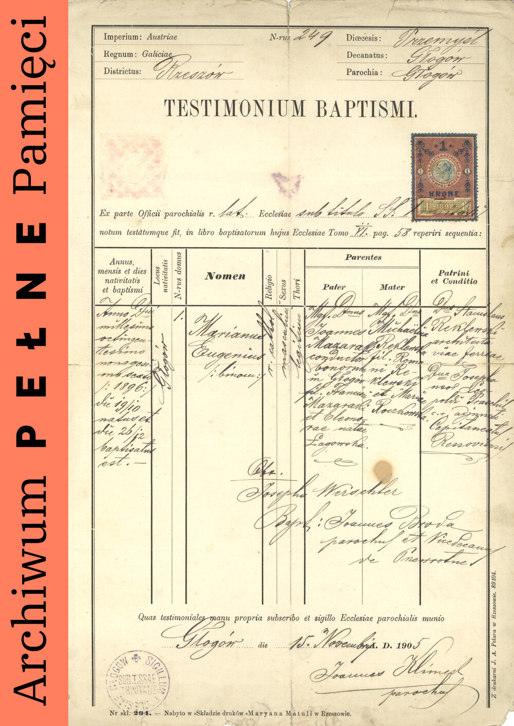 Świadectwo chrztu Mariana Mazaraki, IPN Ka 1078/3