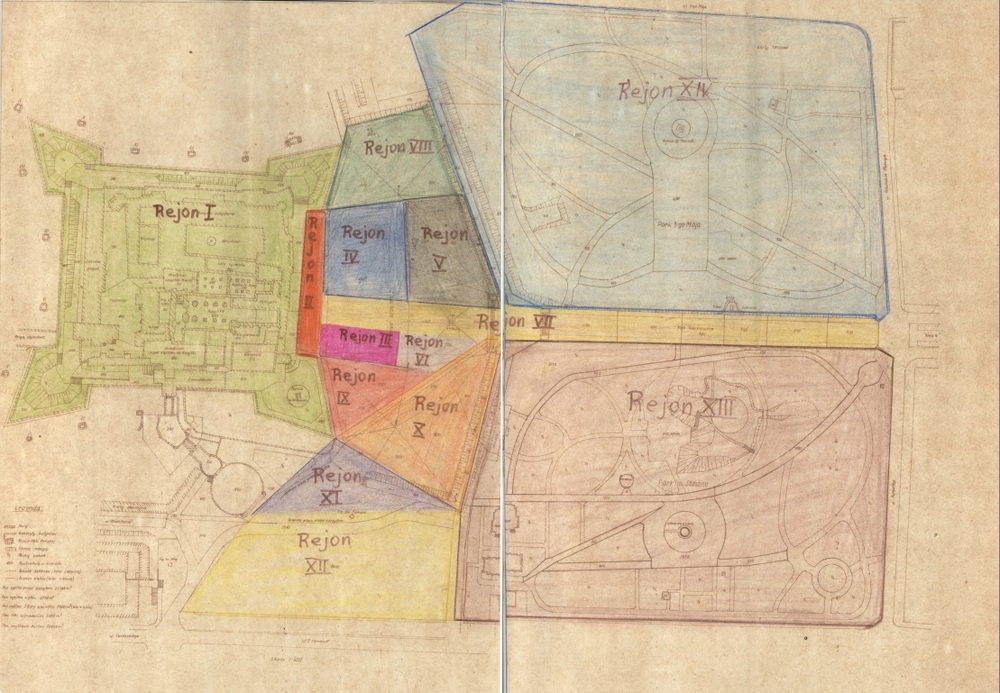 Mapy okolic klasztoru jasnogórskiego z podziałem na różne rejony podczas zabezpieczenia wizyty papieża (IPN Ka 010/49, t. 1)