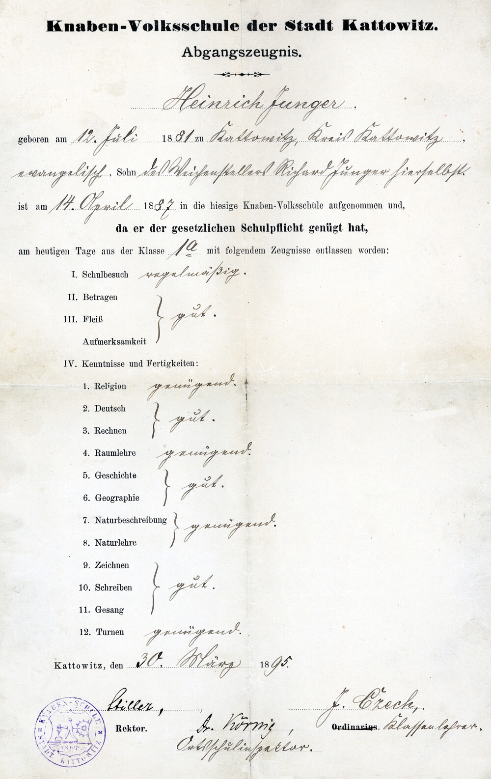 Świadectwo ukończenia szkoły powszechnej dla chłopców w Katowicach, wystawione Heinrichowi Jungerowi w 1895 r. Kolejne pokolenia Jungerów były związane z Katowicami do połowy lat sześćdziesiątych XX w. Ze świadectwa wynika, że Henryk uczęszczał na zajęcia regularnie, zachowywał się dobrze i był pilnym uczniem. Oceny dobre uzyskał z języka niemieckiego, rachunków, historii, geografii, rysunków, pisania i śpiewu, a dostateczne – z religii, geometrii, przyrody i gimnastyki. Świadectwo podpisał dyre