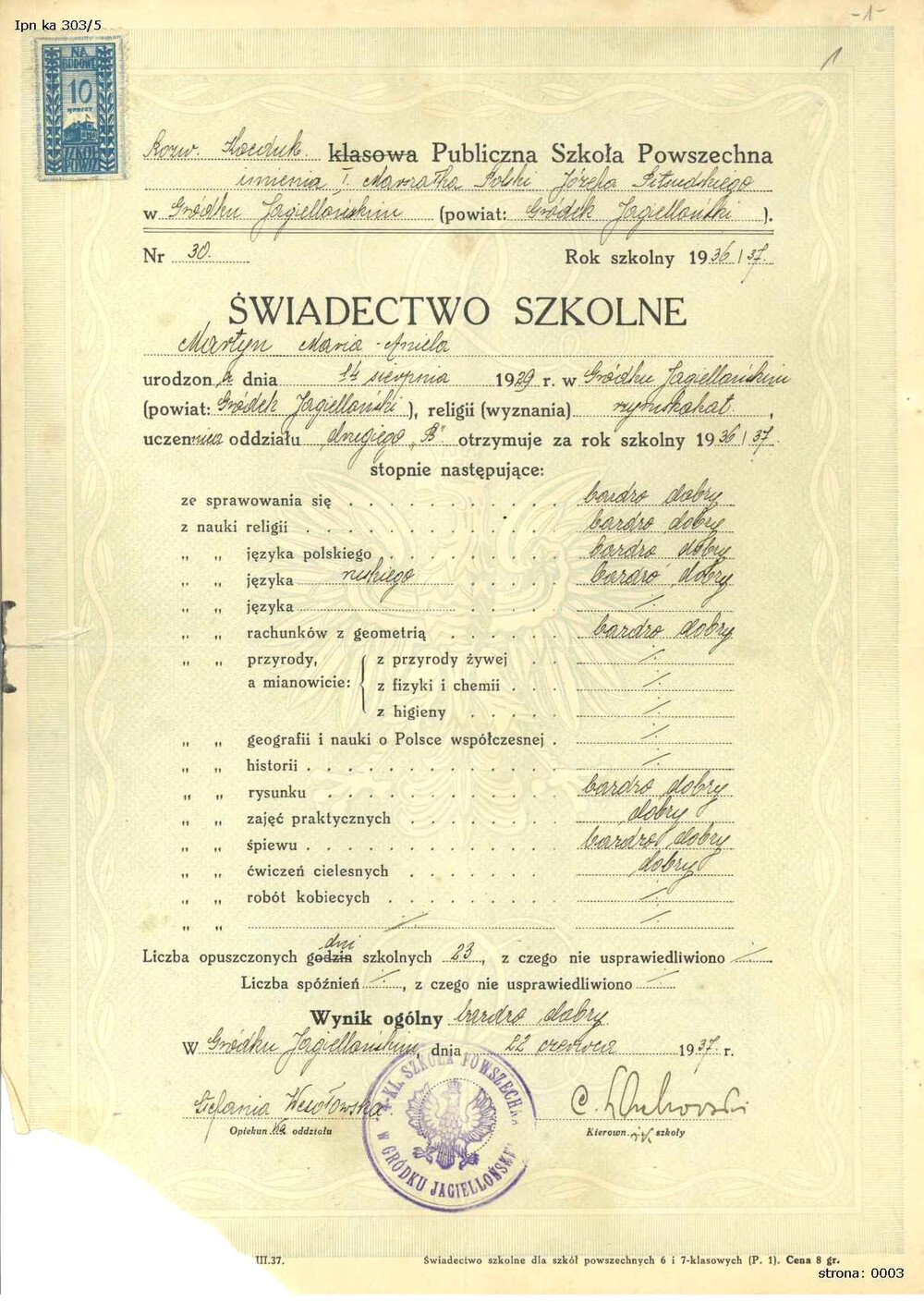 Świadectwo szkolne Marii Martyn z Gródka Jagiellońskiego za rok 1936/37. Jednym z przedmiotów wymienionych na świadectwie są roboty kobiece (IPN Ka 303/5)