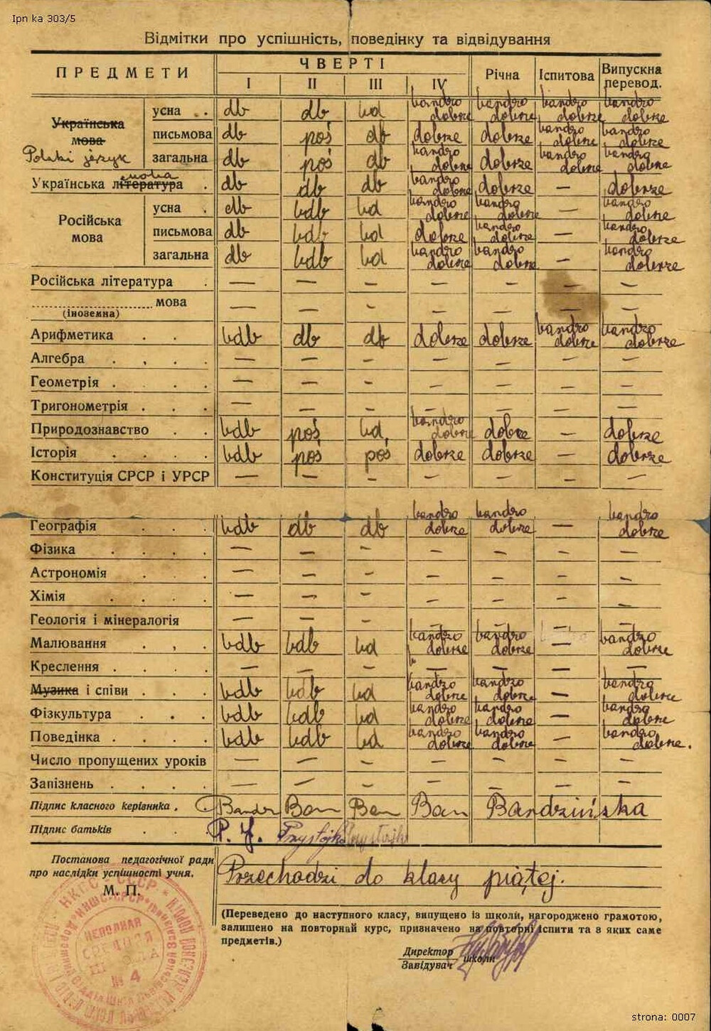 Świadectwo Emilii Przystajko ze Lwowa za rok 1940/41. Lwów po rozbiorze Polski w 1939 r. pomiędzy III Rzeszę a ZSRS przypadł temu drugiemu, a dokładnie Ukraińskiej Socjalistycznej Republice Radzieckiej. Po rozpoczęciu wojny niemiecko-sowieckiej został włączony do Generalnego Gubernatorstwa. Dokument jest wystawiony w języku ukraińskim (IPN Ka 303/5)