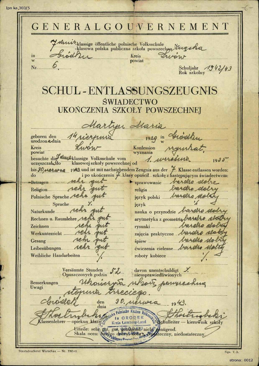 Świadectwo Marii Martyn z Gródka Jagiellońskiego za rok 1942/43, a więc z okresu, gdy Gródek został wcielony do Generalnego Gubernatorstwa (IPN Ka 303/5)