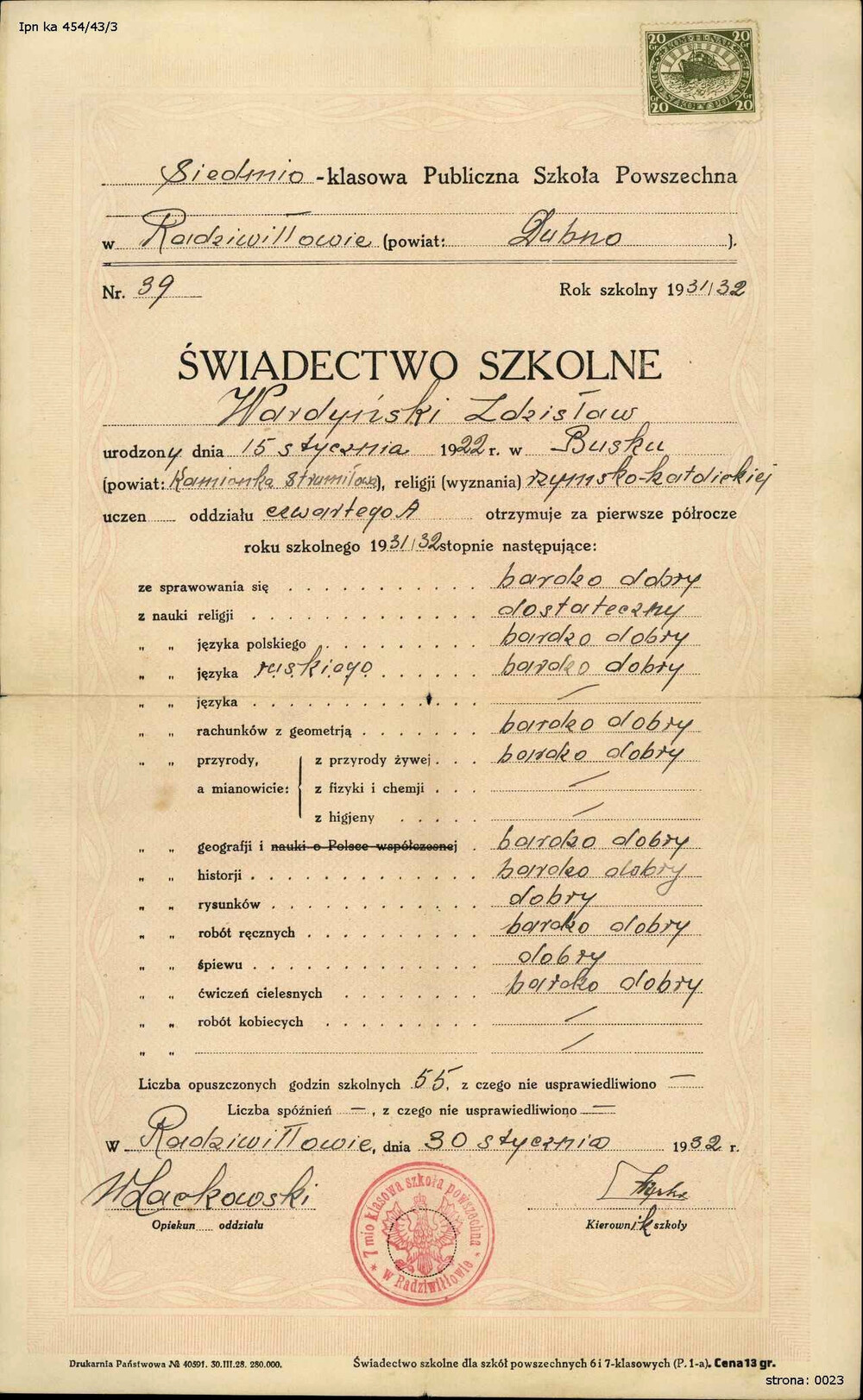 Świadectwo Zdzisława Wardyńskiego za rok 1931/32. Zdzisław, jego rodzice i siostra zostali w 1940 r. wysiedleni przez NKWD ze Stryja i wywiezieni do łagru (Zdzisław) i sowchozu (reszta rodziny). Zdzisław po układzie Sikorski-Majski wstąpił do Polskich Sił Zbrojnych i przeszedł szlak bojowy przez Bliski Wschód i Egipt, aż do Afryki Południowej. 1 września 1942 r. wraz z żołnierzami polskimi, brytyjskimi oraz z liczną grupą jeńców włoskich wypłynął z Kapsztadu na transportowym statku pasażerskim „