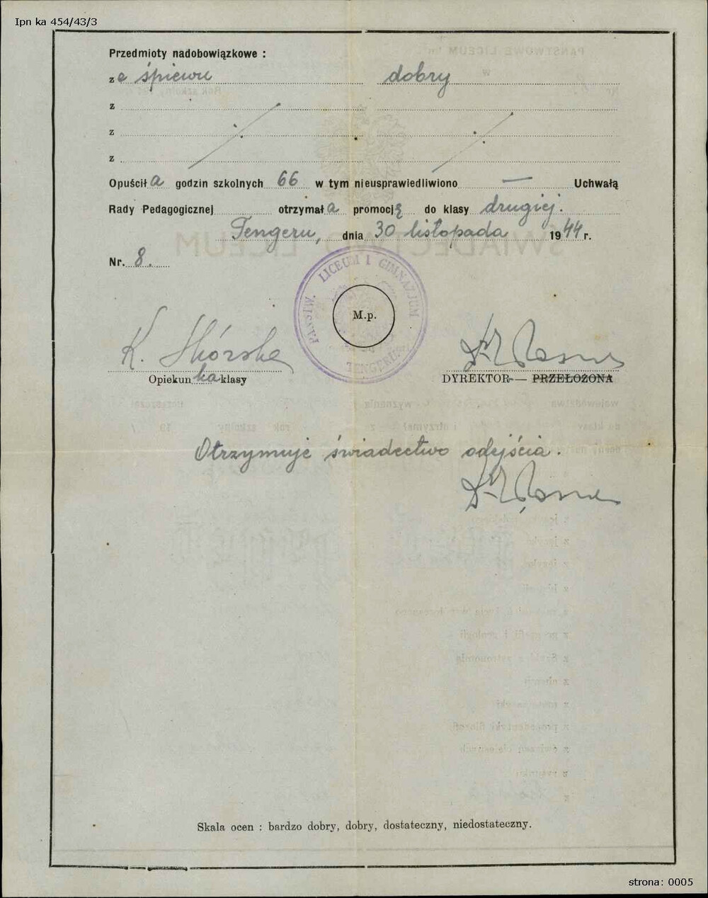 Świadectwo Marii Wardyńskiej z okresu pobytu rodziny w Tengeru w dzisiejszej Tanzanii. Tam Wardyńscy spędzili pięć lat, po czym na stałe wyjechali do Australii (IPN Ka 454/43, t. 3)