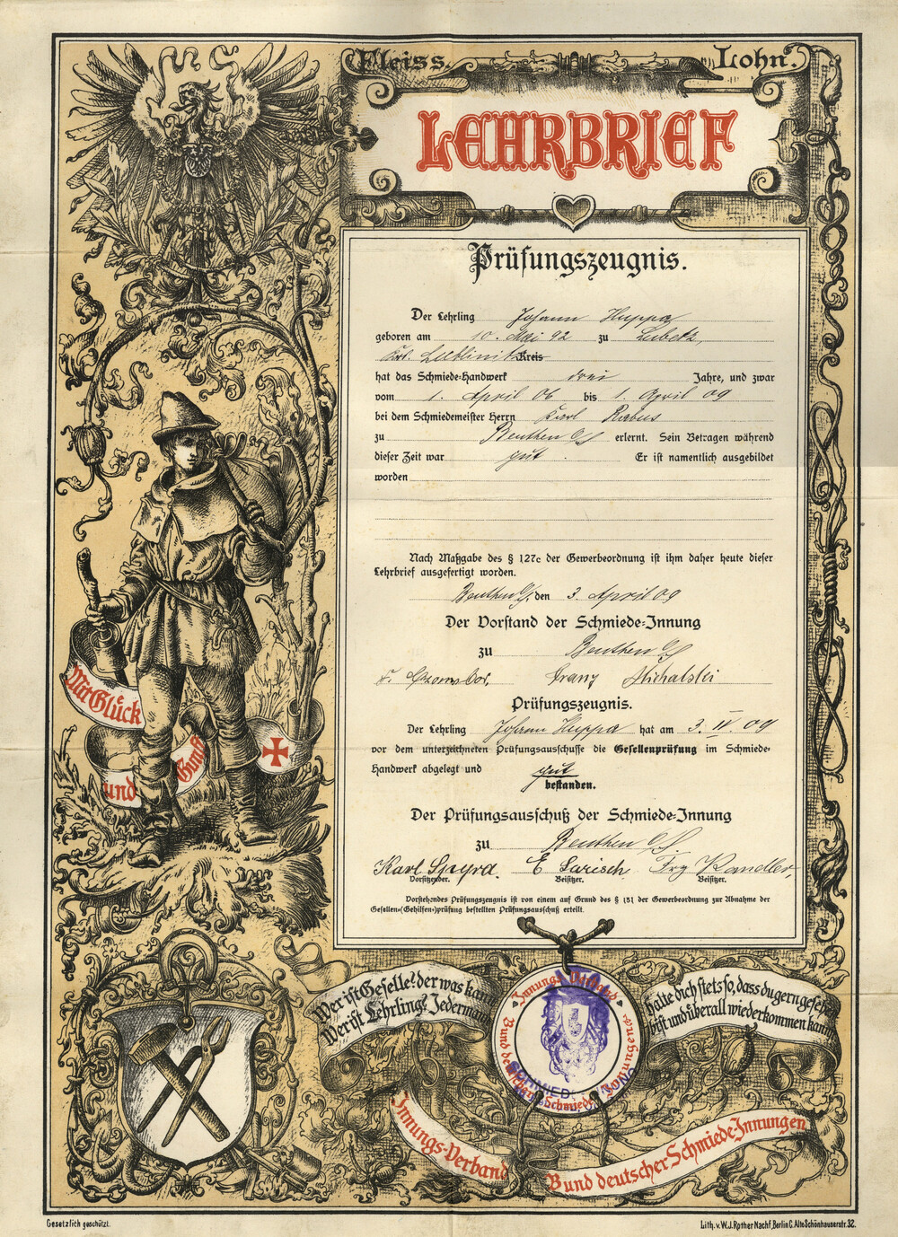 Świadectwo ukończenia nauki rzemiosła kowalskiego przez Jana Hupę, 3 IV 1909 r. Jan Hupa przez trzy lata uczył się rzemiosła u mistrza kowalskiego Karla Rabusa w Bytomiu. Podczas I wojny został zaciągnięty do niemieckiej armii, potem walczył we wszystkich Powstaniach Śląskich, a ostatecznie porzucił wyuczony zawód i podjął służbę w Wojsku Polskim. W czasie II wojny działał w konspiracji; 29 stycznia 1941 r. został aresztowany w Tarnowskich Górach. Wyrokiem Najwyższego Sądu Ludowego w Berlinie zo