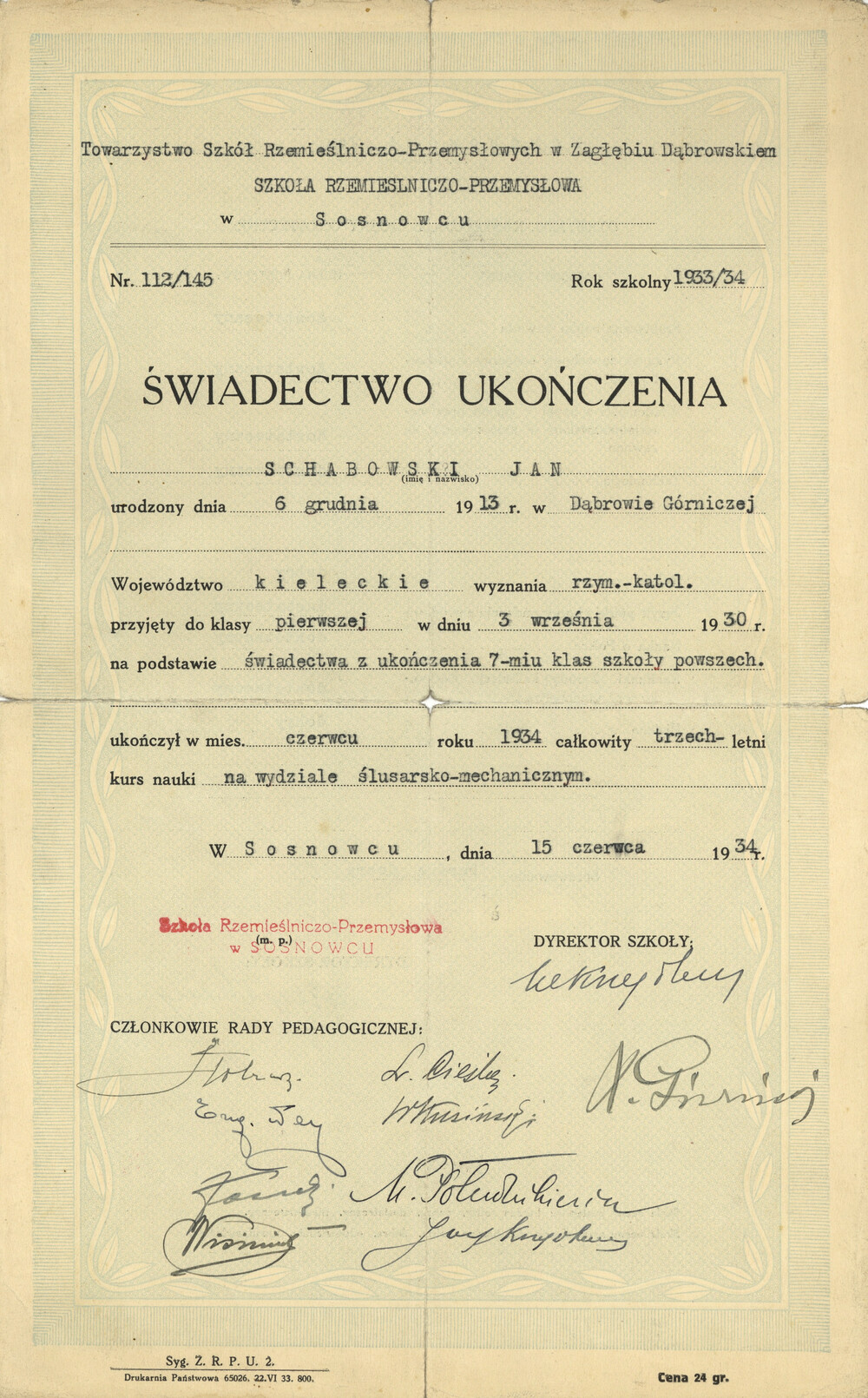 Świadectwo ukończenia Szkoły Rzemieślniczo-Przemysłowej w Sosnowcu przez Jana Schabowskiego w 1934 r. Jan Schabowski, mieszkaniec Dąbrowy Górniczej, był harcerzem I Zagłębiowskiej Drużyny Harcerskiej i żołnierzem konspiracji antyniemieckiej w czasie II wojny światowej (IPN Ka 454/194, t. 1)