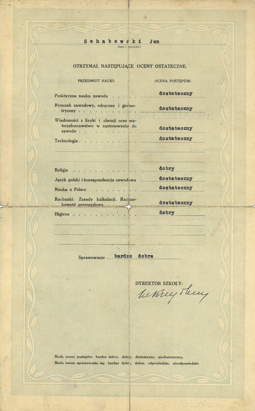 Świadectwo ukończenia Szkoły Rzemieślniczo-Przemysłowej w Sosnowcu przez Jana Schabowskiego w 1934 r. Jan Schabowski, mieszkaniec Dąbrowy Górniczej, był harcerzem I Zagłębiowskiej Drużyny Harcerskiej i żołnierzem konspiracji antyniemieckiej w czasie II wojny światowej (IPN Ka 454/194, t. 1)