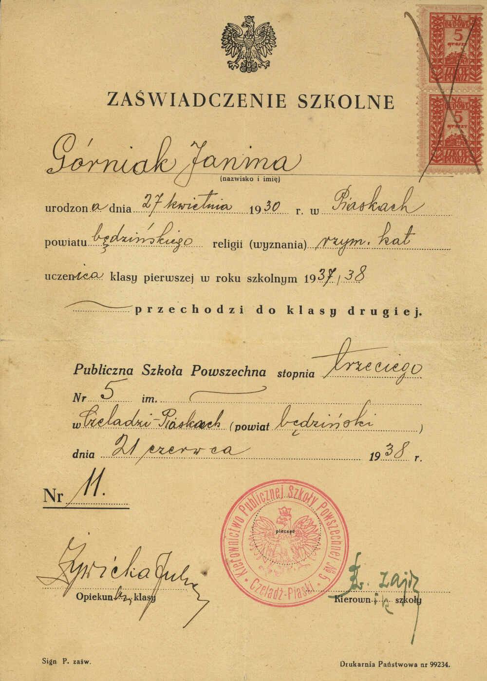 Świadectwo ukończenia pierwszej klasy przez Janinę Górniak z Czeladzi-Piasków w roku 1937/38. Rodzina Górniaków związana był z Zagłębiem Dąbrowskim i górnictwem (IPN Ka 454/205, t. 1)