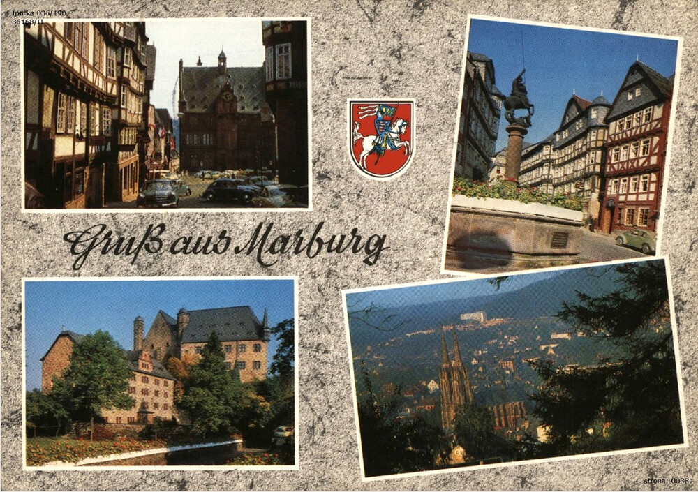 Marburg: ratusz, fontanna targowa, zamek landgrafa, kościół św. Elżbiety, 1966 r. (wg fotografii barwnej T. Bilińskiego, wyd. Biuro Wydawnicze „Ruch”; IPN Ka 0026/132)