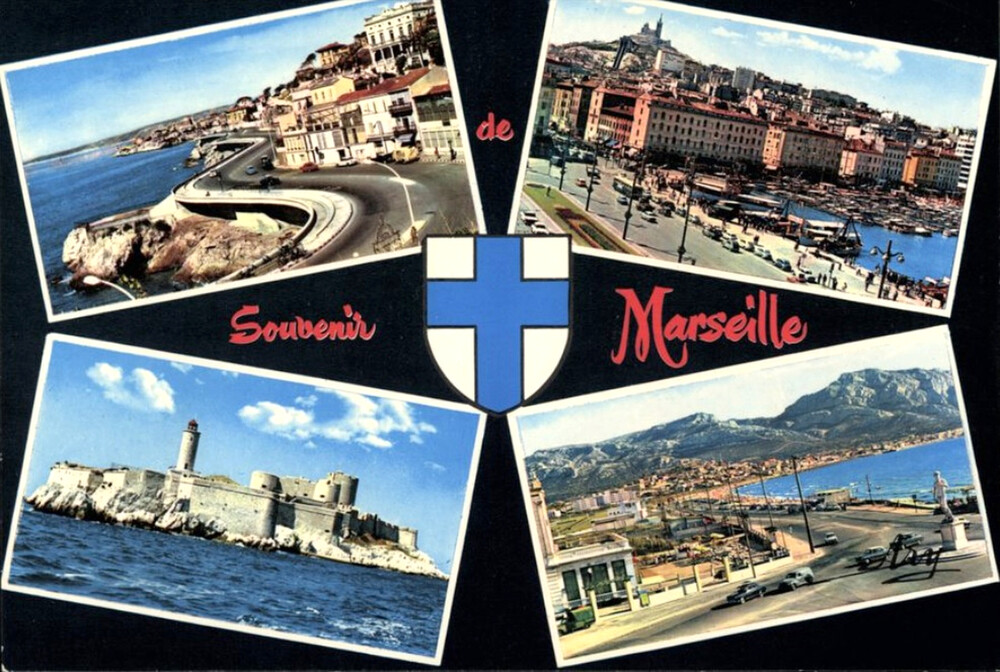 Marsylia: promenada de la Corniche, nabrzeże Belgów i kościół Notre Dame de la Garde, zamek d’If (miejsce uwięzienia Edmunda Dantèsa z powieści „Hrabia Monte Christo”), okolice plaży; lata siedemdziesiąte XX w. (wyd. Tardy, Marsylia; IPN Ka 0040/420, t. 1)