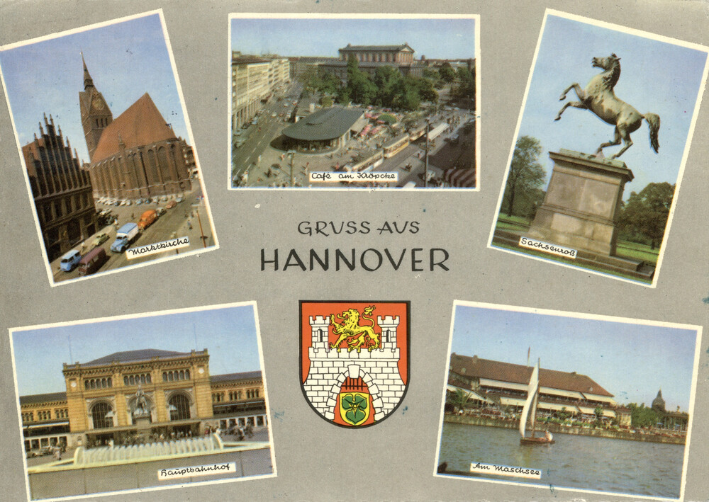 Hanower: Kościół na Rynku (św. Jerzego i Jakuba), Café am Kröpcke, Sachsenross – pomnik herbu Dolnej Saksonii, dworzec główny, jezioro Masch, 1969 r. (wyd. Kunstverlag Lukow, Hannover; IPN Ka 014/1074)