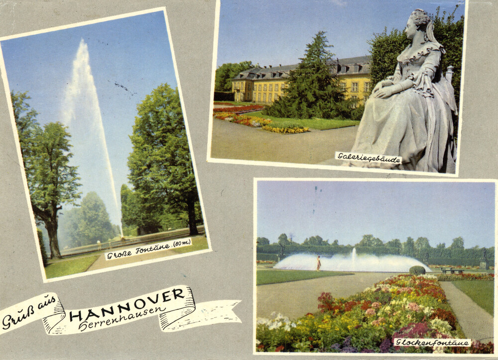 Hanower: wielka fontanna, ogrody i muzeum Herrenhausen, 1969 r. (wyd. Kunstverlag Lukow, Hannover; IPN Ka 014/1074)