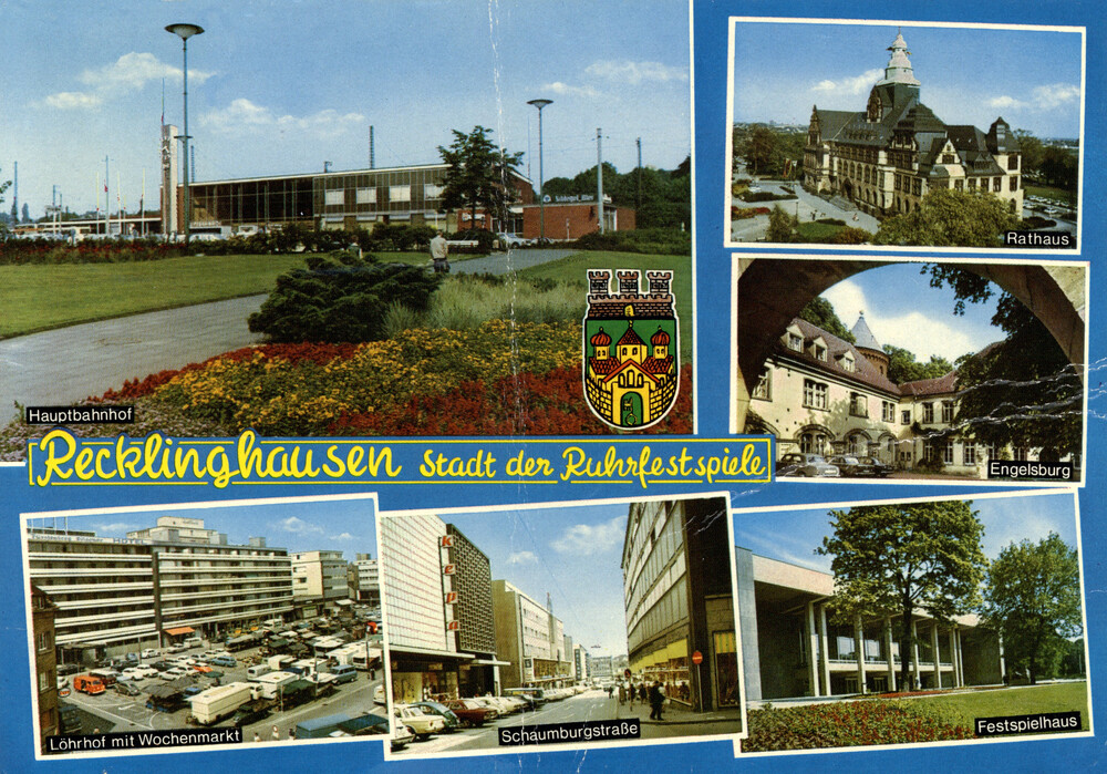 Recklinghausen: dworzec, centrum handlowe, Schaumburgstrasse, sala festiwalowa, barokowa posiadłość Engelsburg, ratusz (wyd. Cramers Kunstanstalt KG, Dortmund; IPN Ka 0024/931, t. 1)
