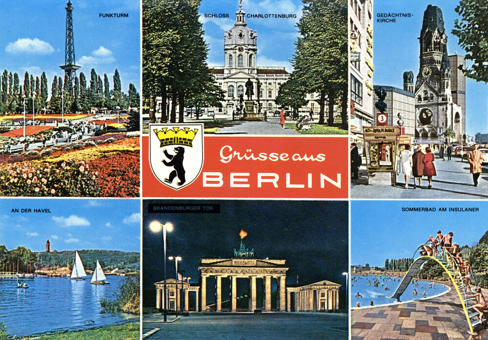 Berlin: wieża nadawcza, pałac Charlottenburg, Kościół Pamięci, Hawela, Brama Brandenburska, kąpielisko am Insulaner, lata siedemdziesiąte XX w. (możliwe wyd. Kruger/Krüger; IPN Ka 050/90)