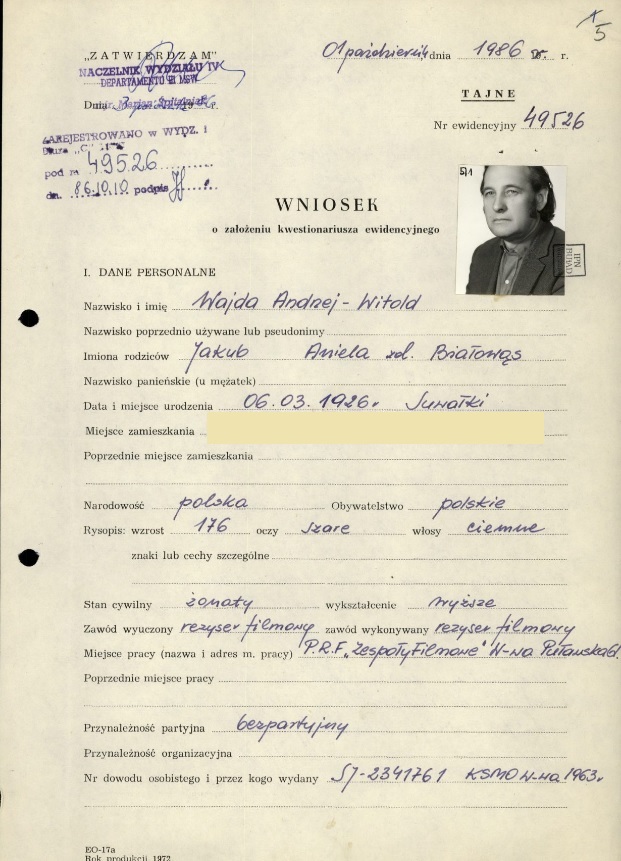 Wniosek o założenie kwestionariusza ewidencyjnego i kontynuację kontroli Andrzeja Wajdy (wyanonimizowano dane adresowe; IPN BU 0222/1572, t. 1)