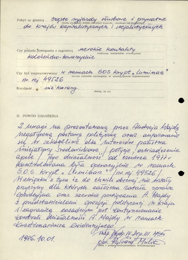 Wniosek o założenie kwestionariusza ewidencyjnego i kontynuację kontroli Andrzeja Wajdy (wyanonimizowano dane adresowe; IPN BU 0222/1572, t. 1)