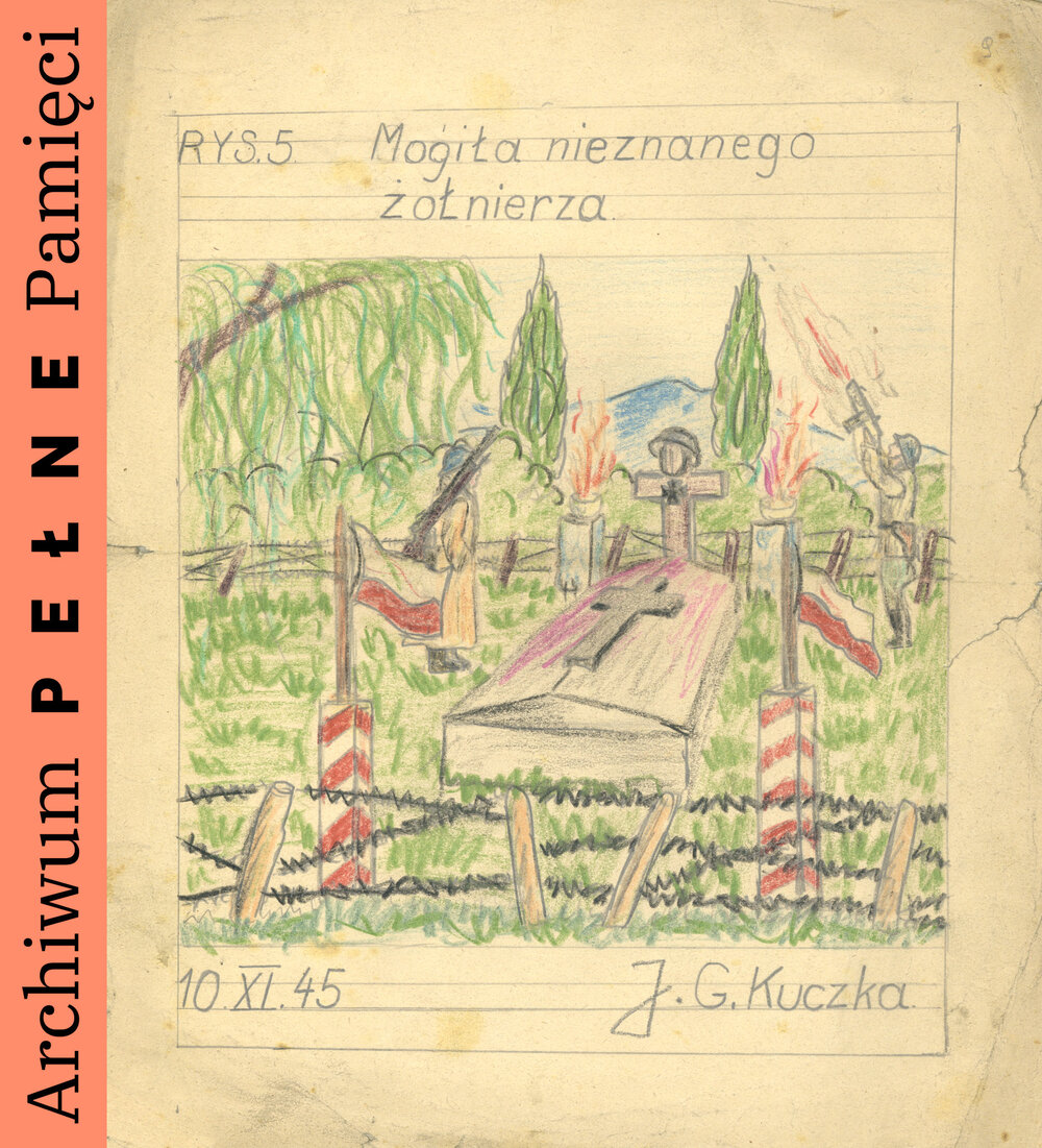 Rysunek autorstwa Jerzego Kuczki, przedstawiający mogiłę nieznanego żołnierza,  10 XI 1945 r., sygn. IPN Ka 454/131