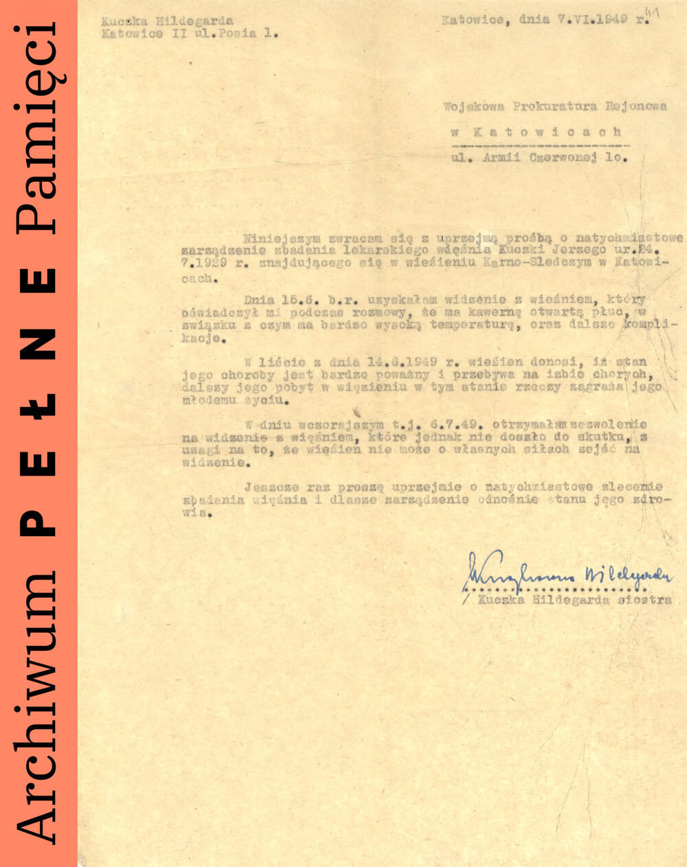 Pismo Hildegardy Kuczki (siostry Jerzego) do Wojskowej Prokuratury Rejonowej w Katowicach, 7 VI 1949 r., sygn. IPN Ka 454/131