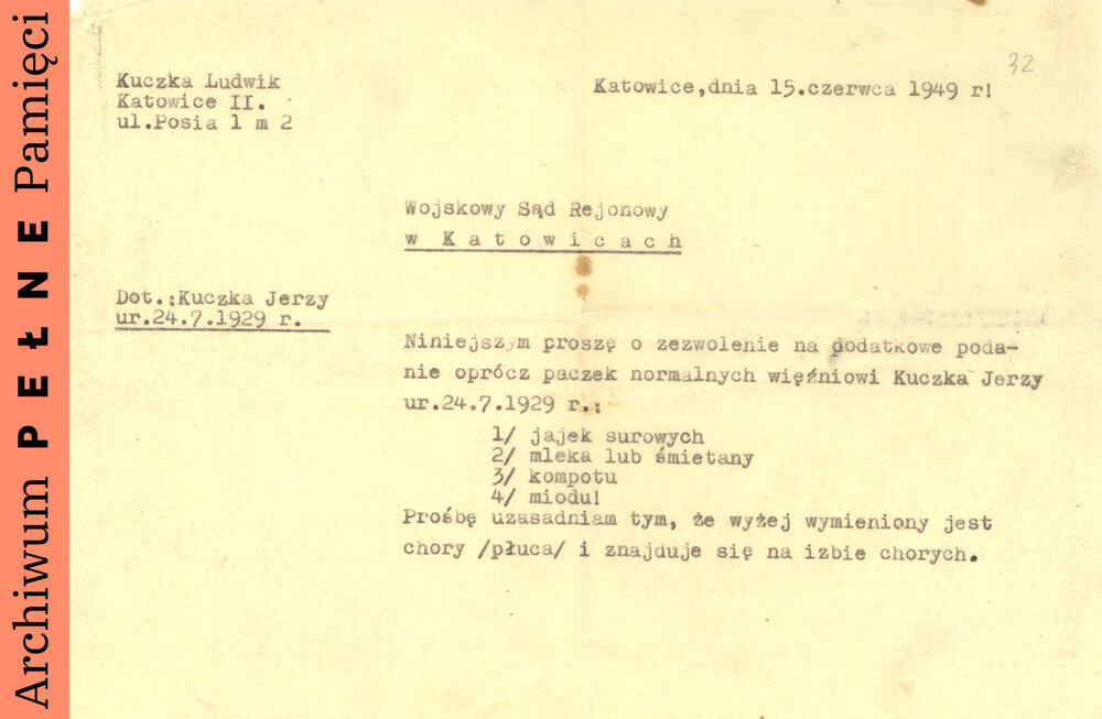 Pismo Ludwika Kuczki (ojca Jerzego) do Wojskowego Sądu Rejonowego, 15 VI 1949 r., sygn. IPN Ka 454/131