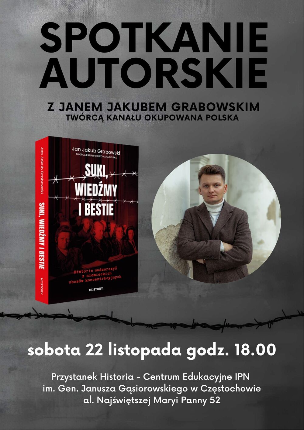 Spotkanie z Janem Jakubem Grabowskim, autorem książki „Suki, wiedźmy i bestie. Historie nadzorczyń z niemieckich obozów koncentracyjnych” – Częstochowa, 22 listopada 2025