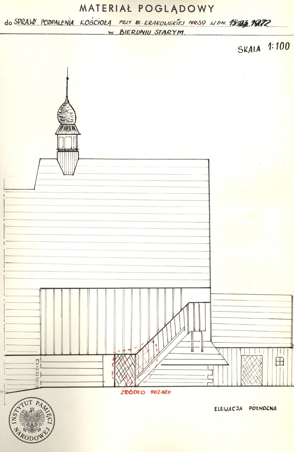 Szkic z zaznaczonym miejscem podłożenia ognia (IPN Ka 3/47, t. 1)