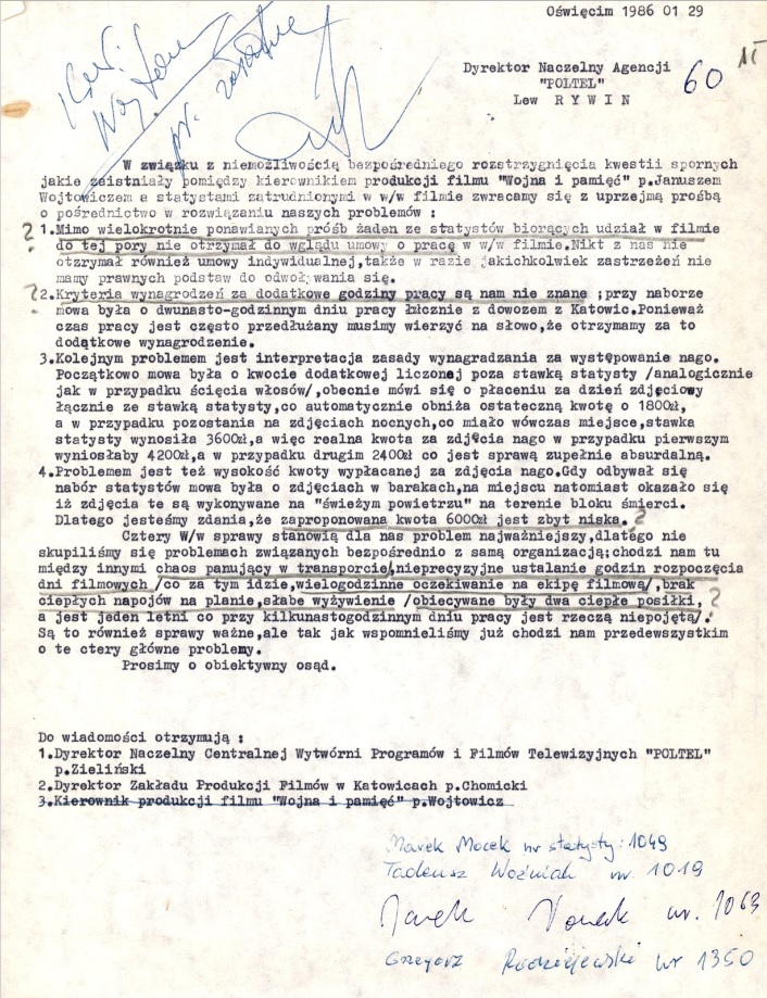 Pismo statystów do Lwa Rywina w sprawie konfliktu płacowego, styczeń 1986 r. (IPN Ka 047/1692)