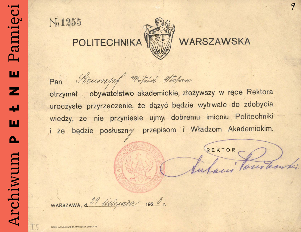 Potwierdzenie przyjęcia Witolda Strumpfa na studia wyższe na Politechnice Warszawskiej, Warszawa 29 XI 1923 r., sygn. IPN Ka 454/224