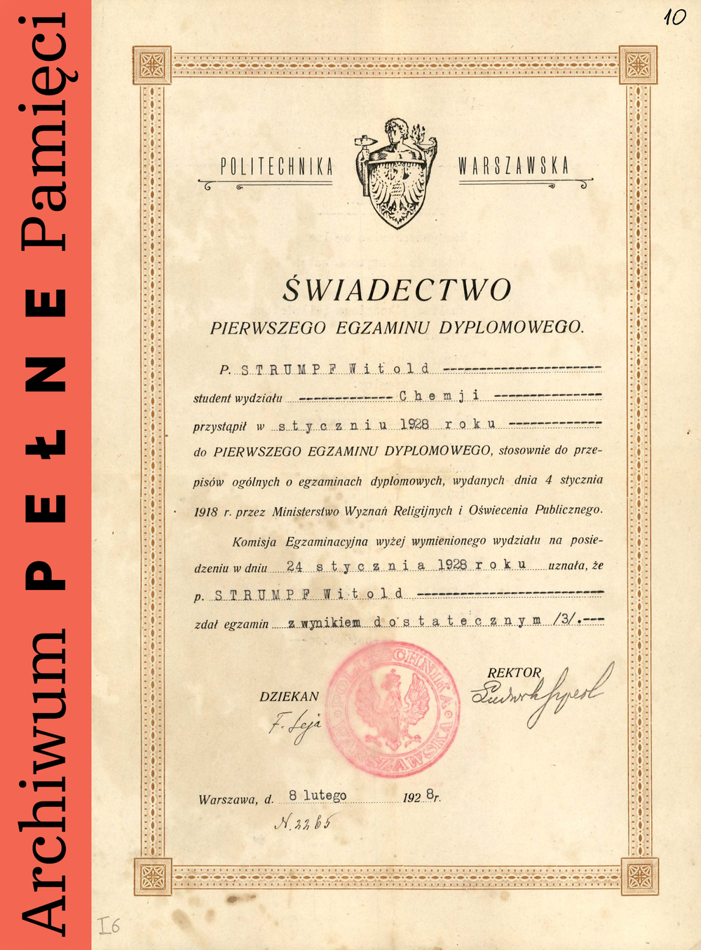 Świadectwo pierwszego egzaminu dyplomowego, Warszawa 8 II 1928 r., sygn. IPN Ka 454/224