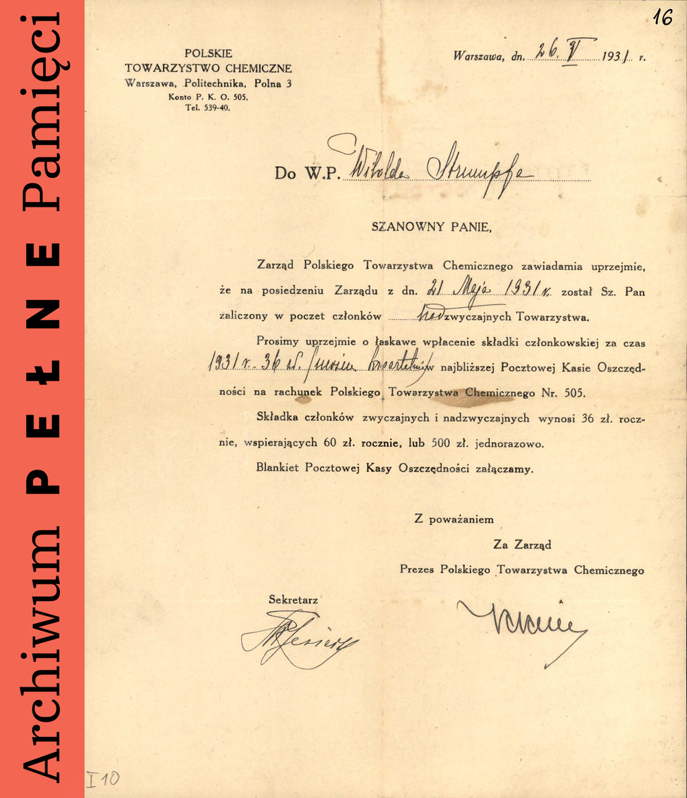 Zawiadomienie przesłane do Witolda Strumpfa z Polskiego Towarzystwa Chemicznego, Warszawa 26 V 1931 r., sygn. IPN Ka 454/224