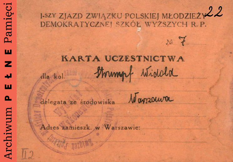 Karta uczestnictwa Witolda Strumpfa w I Zjeździe Związku Polskiej Młodzieży Demokratycznej Szkół Wyższych RP, sygn. IPN Ka 454/224