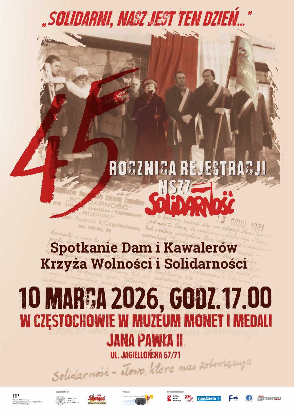 45. rocznica rejestracji NSZZ „Solidarność”. „Solidarni, nasz jest ten dzień” – spotkanie Dam i Kawalerów Krzyża Wolności i Solidarności – Częstochowa, 10 marca 2026