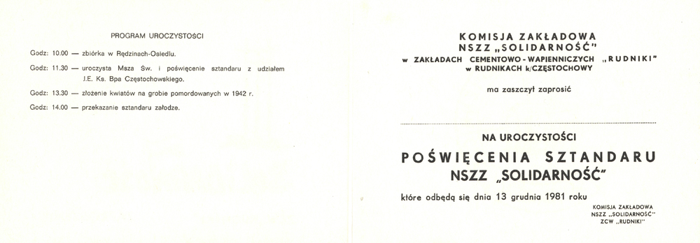 Zaproszenie na poświęcenie sztandaru NSZZ „S” (IPN Ka 454/173)