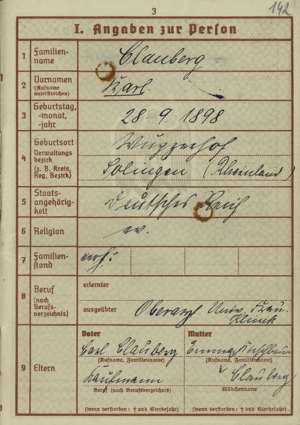 Dane Carla Clauberga z jego książeczki wojskowej (IPN Ka 114/43)