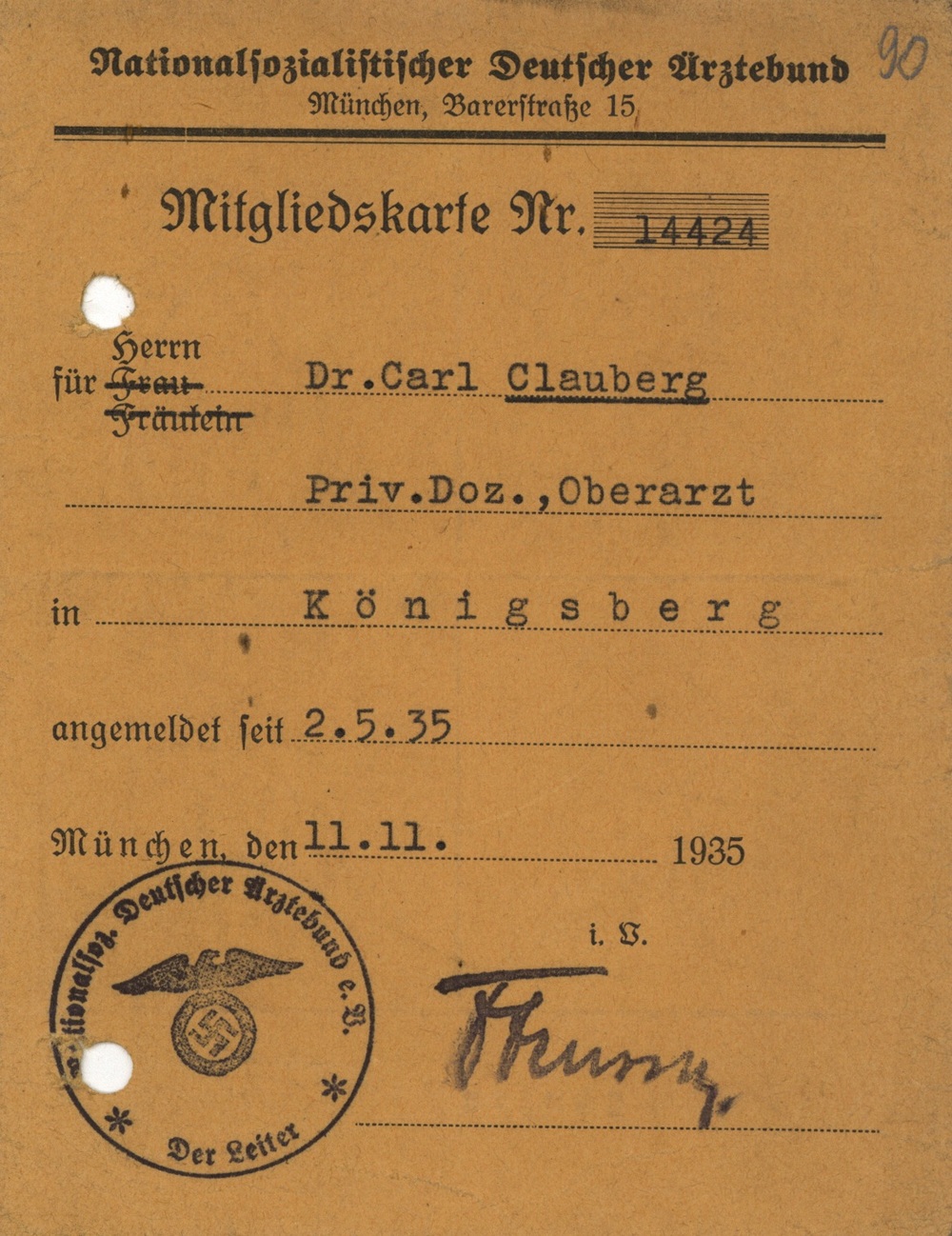Legitymacja Clauberga, członka Narodowosocjalistycznego Niemieckiego Związku Lekarzy (IPN Ka 114/43)